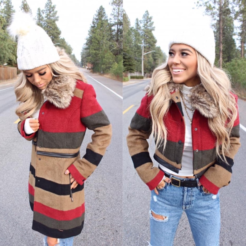 Montanaco wool 4 in 1 coat Faux fur collar multi stripe XS S L